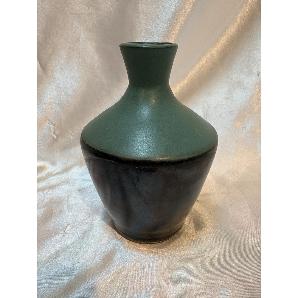 Signed Art Pottery Green Black 6.5" Glaze imperfection on rim